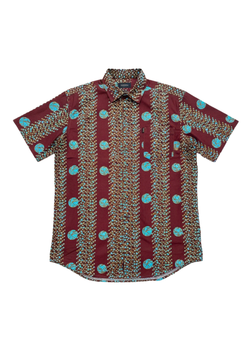 Deep Red & Ocean Blue Circled Ankara Short Sleeve Shirt