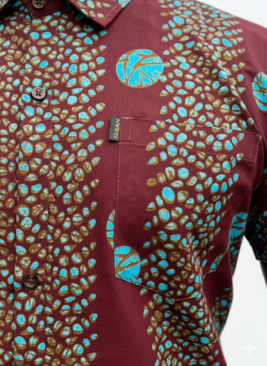 Deep Red & Ocean Blue Circled Ankara Short Sleeve Shirt
