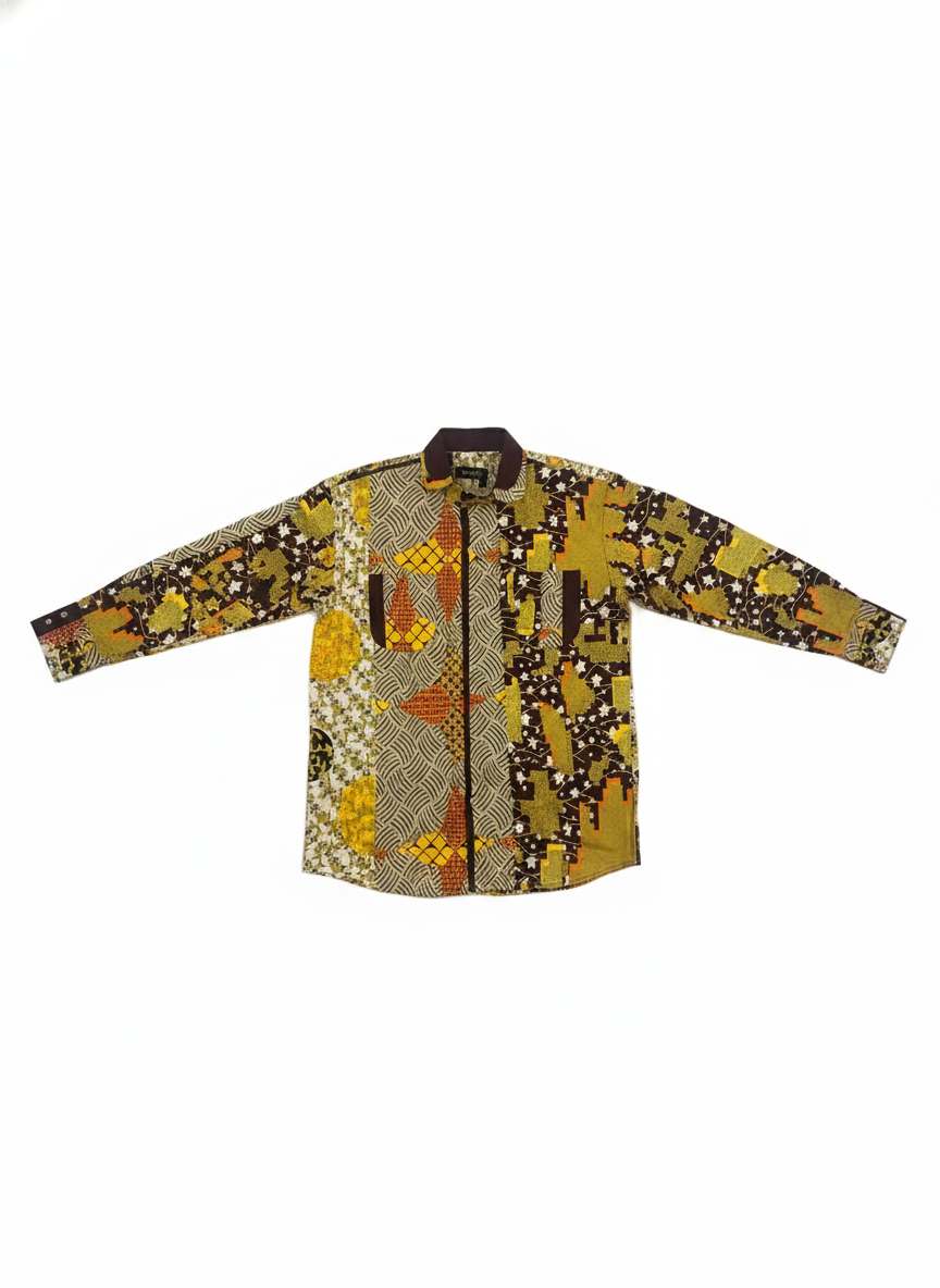 Double Curved Collar Yellow, Lime Green & Burgundy Abstract Ankara Shirt
