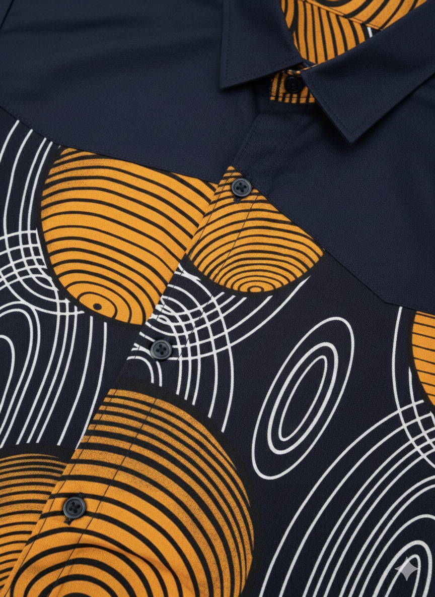 Combination Mars Orange, Navy & White Sphere Design Ankara Short Shirt