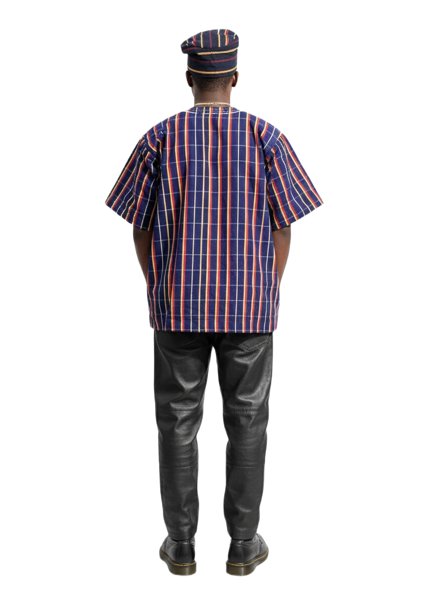 Blue, Red & Yellow Striped Handwoven Short Sleeve Batakari Fugu Smock + Hat