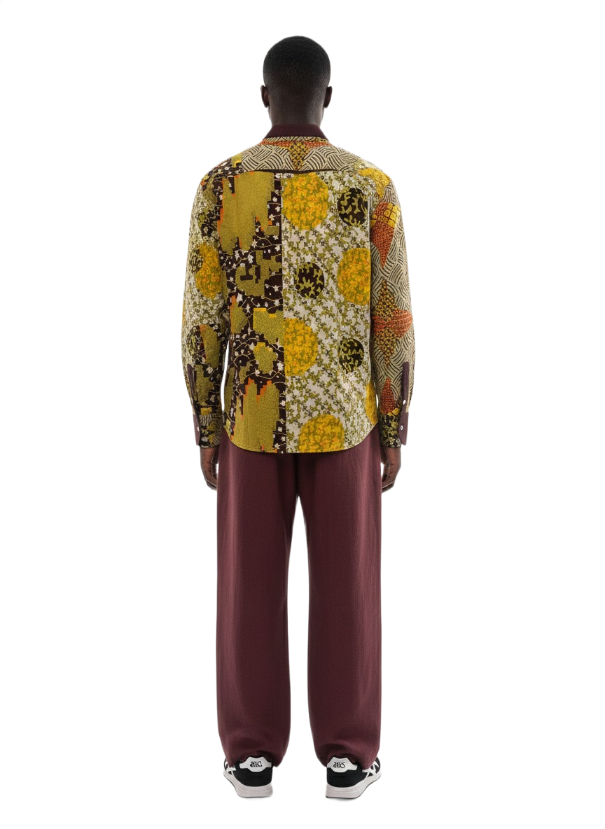 Double Curved Collar Yellow, Lime Green & Burgundy Abstract Ankara Shirt