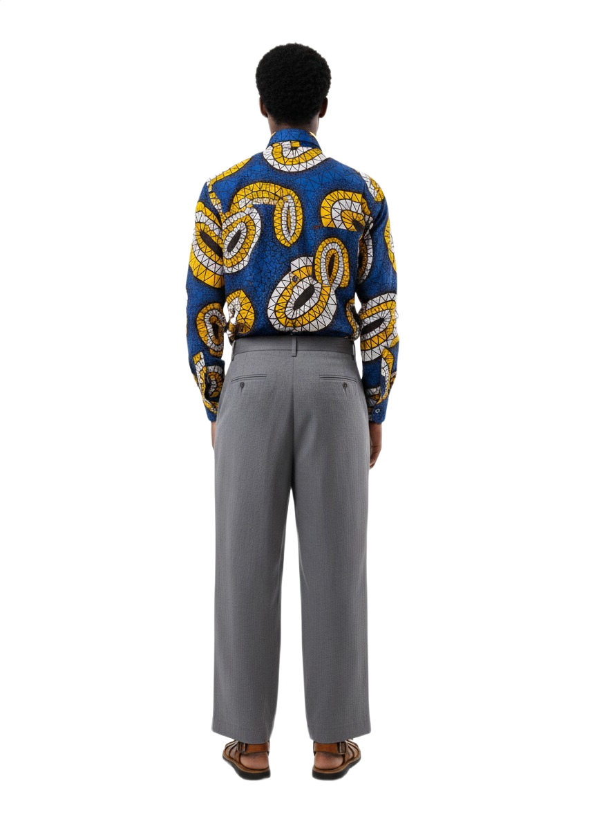 Geometric Disc Blue & Yellow Ankara Long Sleeved Shirt & Square Button