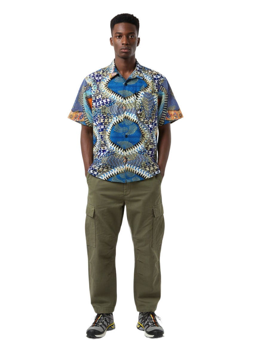 Kaleidoscope Pattern Blue & White Ankara Print Short Sleeve Shirt