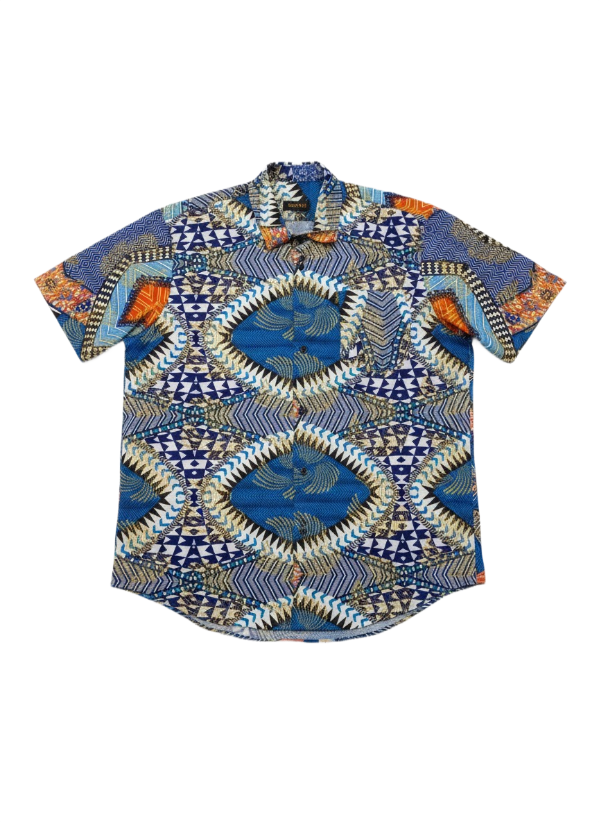 Kaleidoscope Pattern Blue & White Ankara Print Short Sleeve Shirt