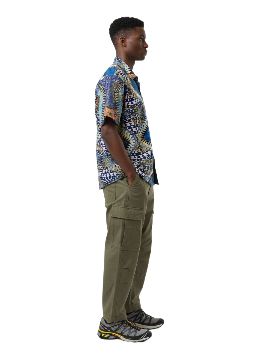 Kaleidoscope Pattern Blue & White Ankara Print Short Sleeve Shirt