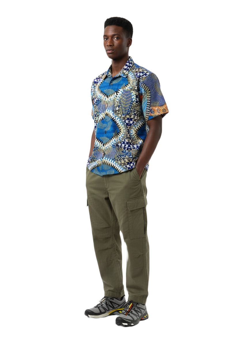 Kaleidoscope Pattern Blue & White Ankara Print Short Sleeve Shirt