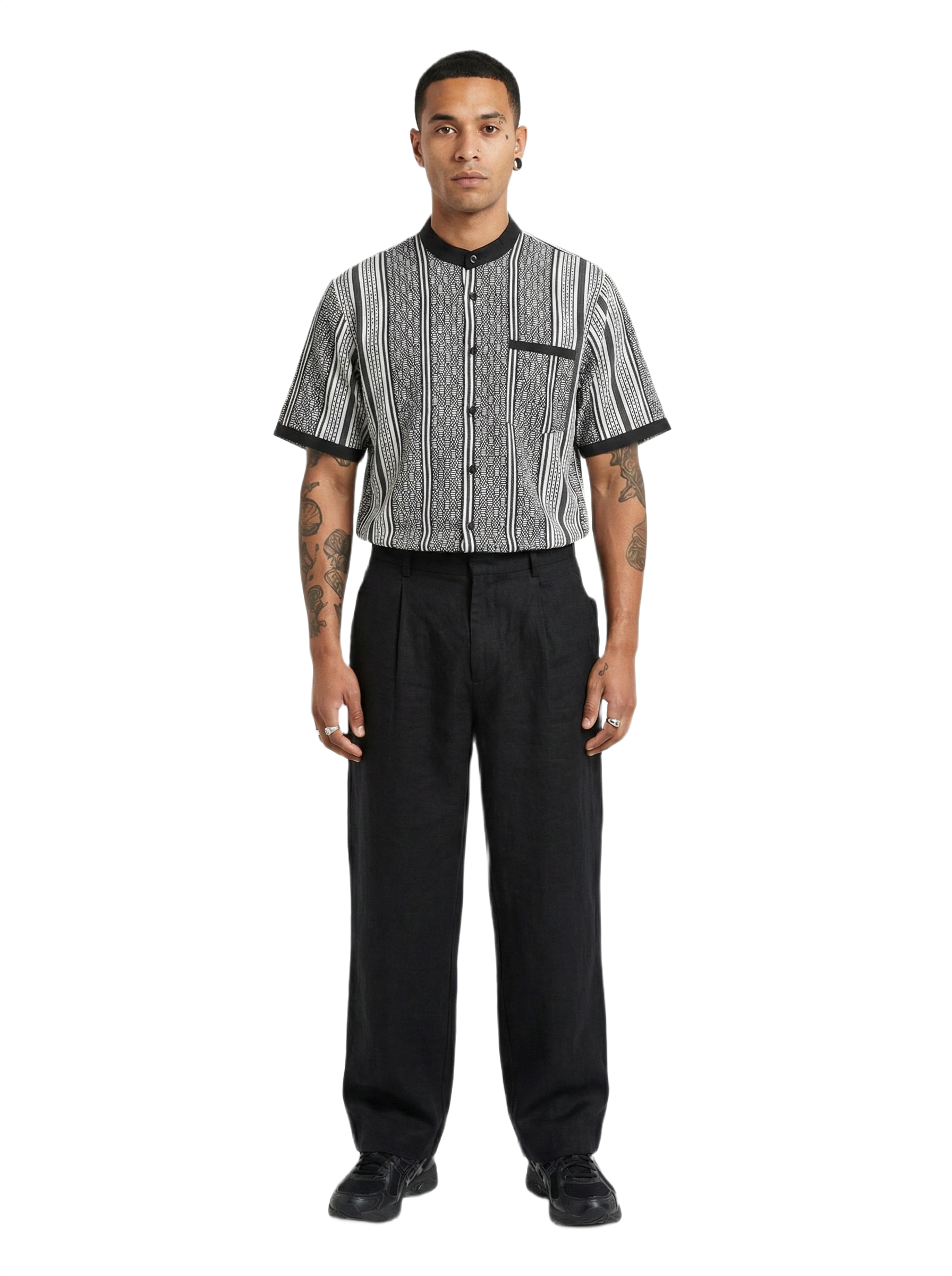 Mandarin Collar Lined Midnight Black & White Striped Short Sleeve Shirt