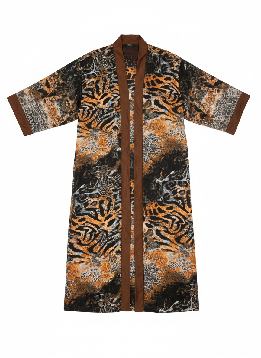 Fire Orange & Earth Brown Tiger Print Silk Overcoat Kimono Jacket