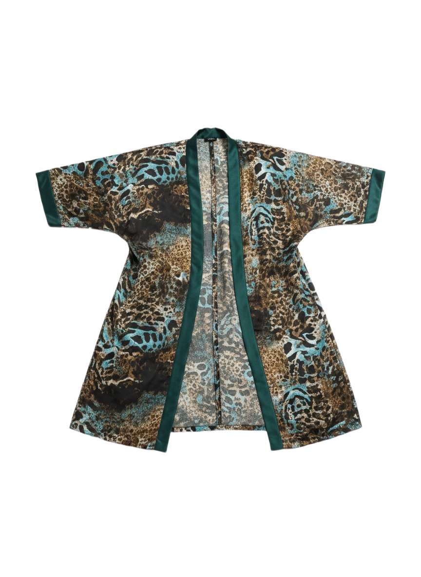 Ice Blue & Emerald Green Tiger Print Silk Kimono Jacket