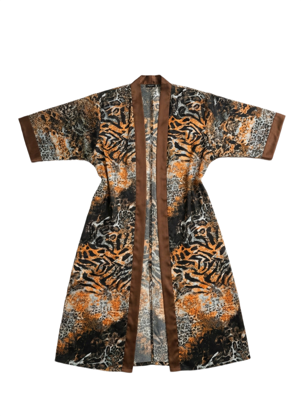 Fire Orange & Earth Brown Tiger Print Silk Overcoat Kimono Jacket