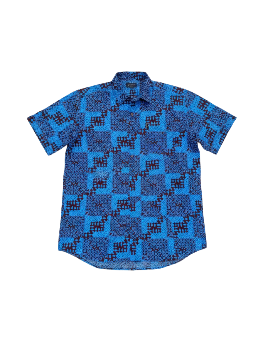 Sankofa Blue & Burgundy Ankara Wax Print Short Sleeve Shirt