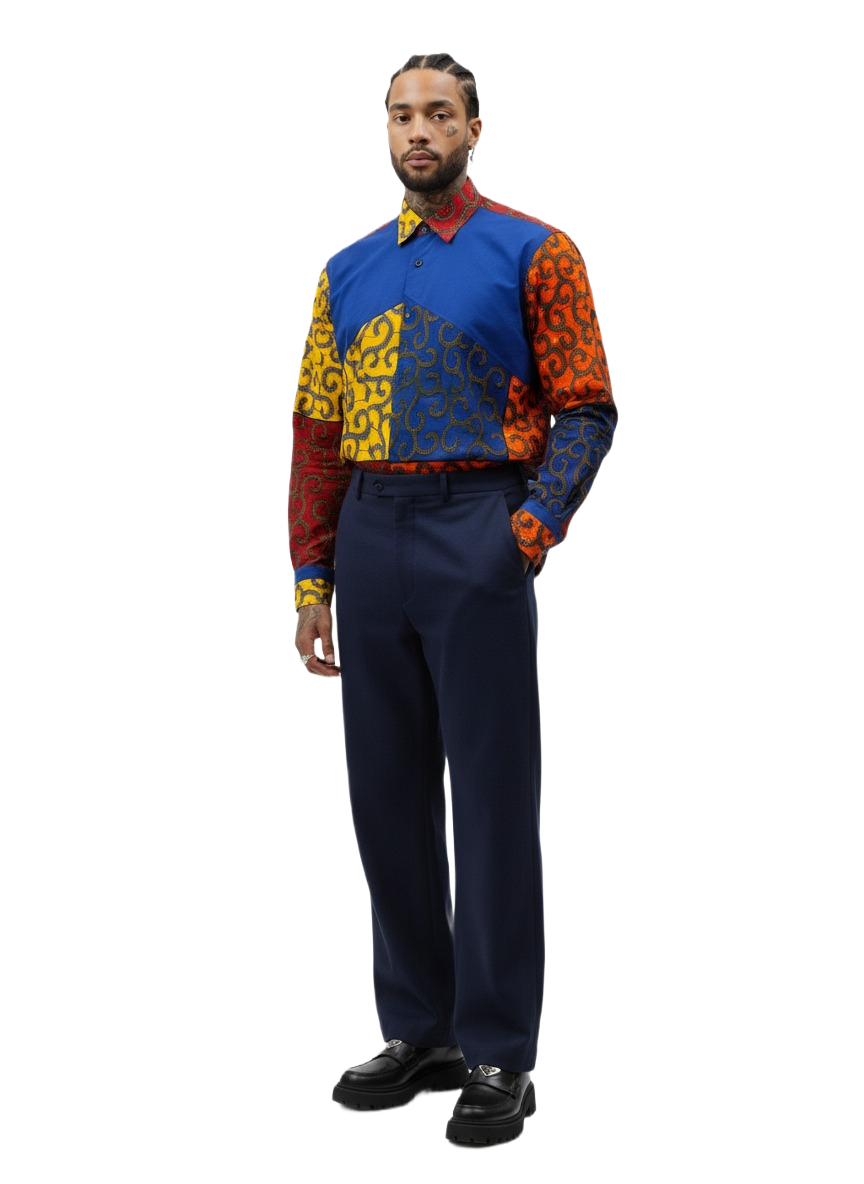 Panel Blue & Multi Patchwork Ankara Print Long Sleeve Shirt