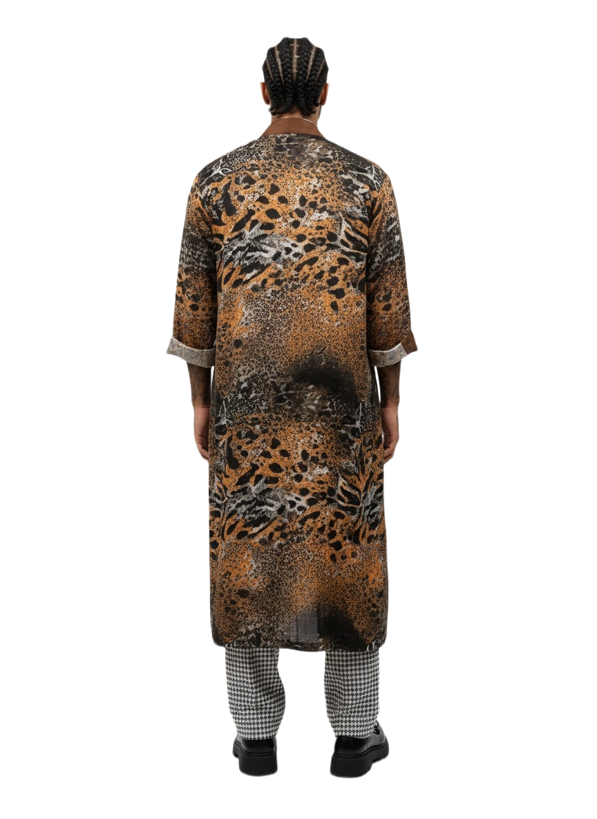 Fire Orange & Earth Brown Tiger Print Silk Overcoat Kimono Jacket