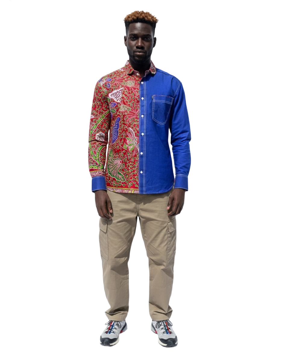 Contrasting Botanical Red and Deep Blue Shirt