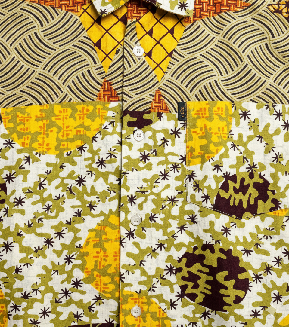 Yellow, Lime Green & Burgundy Abstract Design Ankara Shirt