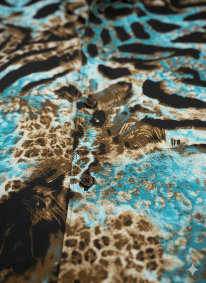 Ice Blue Tiger Print Silk Short Sleeve Smart Shirt