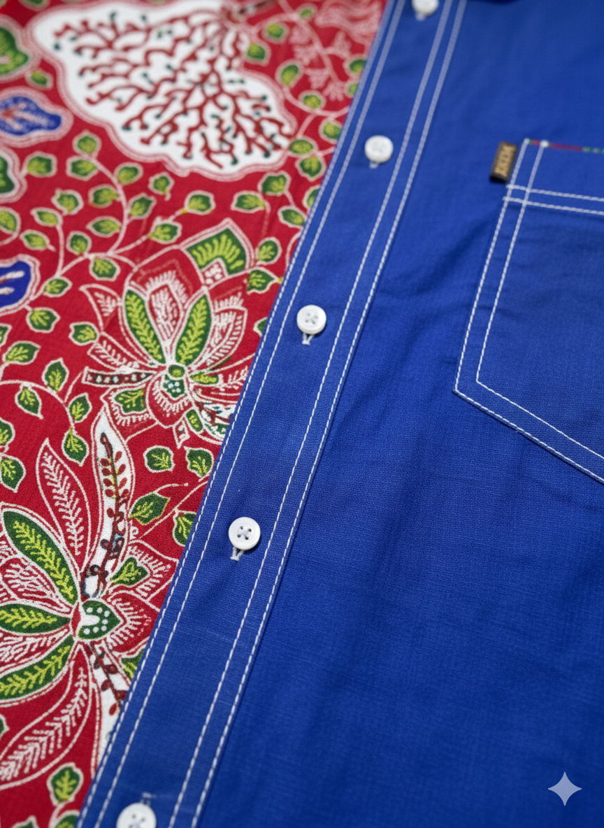 Chemise contrastante marron et bleue avec poche avant et double couture blanche