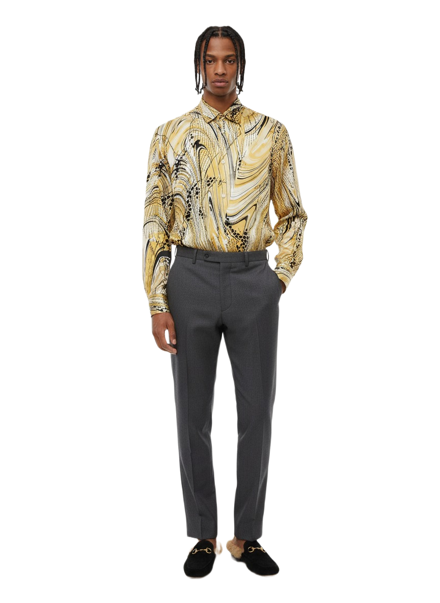 Marble Print Golden Caramel & Spotted Black Silk Long Sleeve Smart Shirt