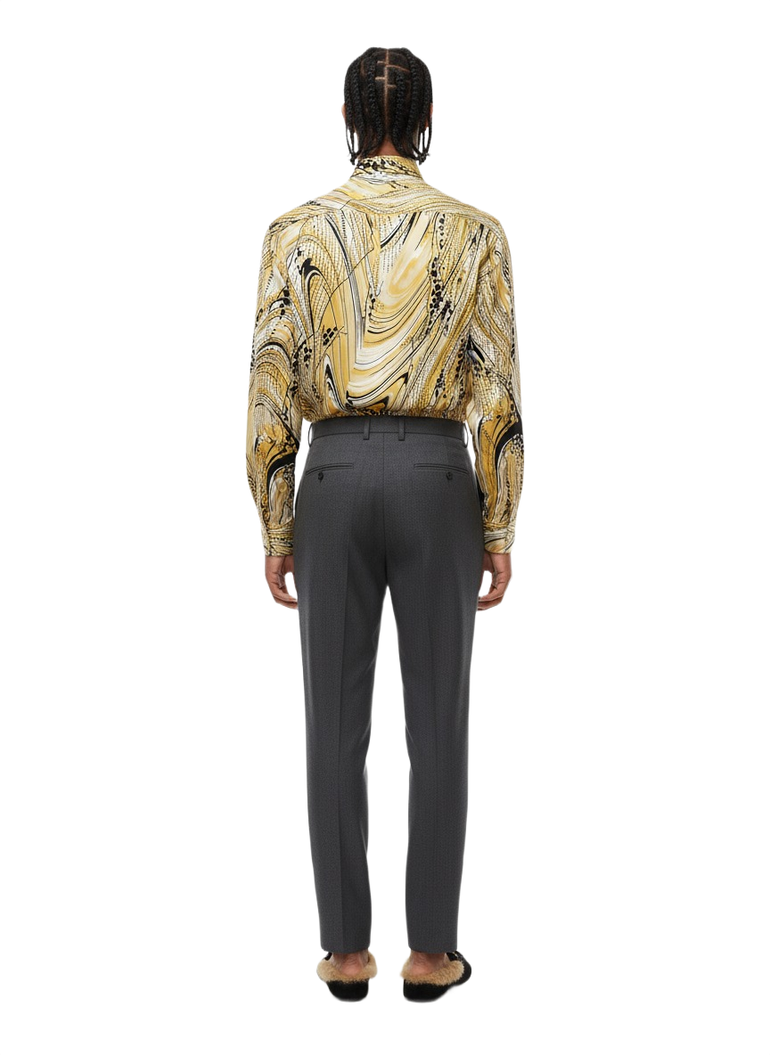 Marble Print Golden Caramel & Spotted Black Silk Long Sleeve Smart Shirt