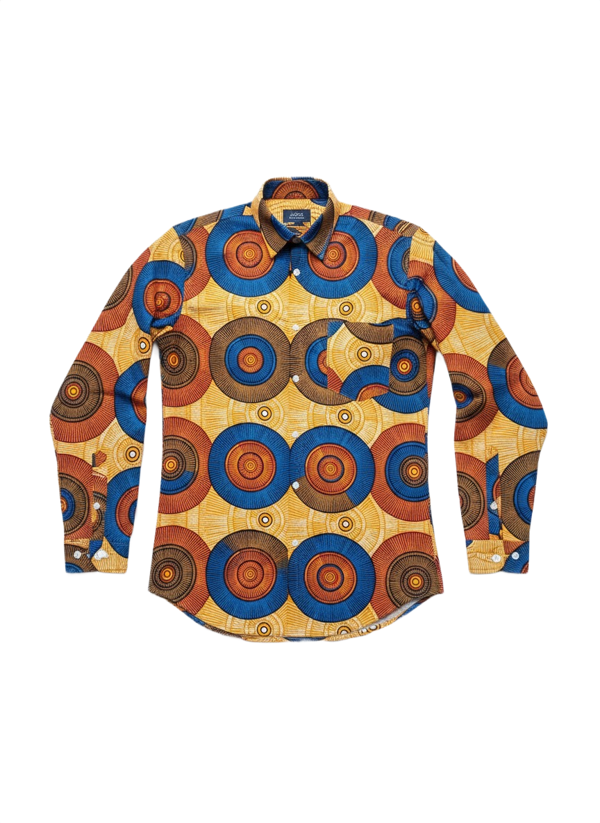 Circle Pattern Wild Honey and Blue Ankara Long Sleeved Shirt