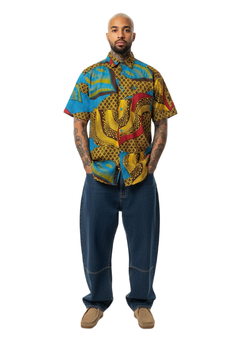 Gold & Sankofa Blue Leaf Patchwork Design Wax Ankara Short Sleeve Shirt