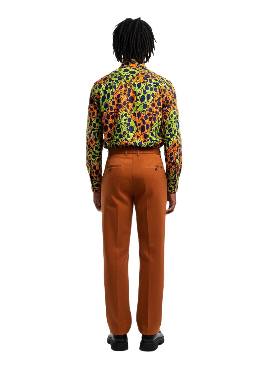 Spotted Orange & Lime Green Ankara Long Sleeve Shirt with White Stitching