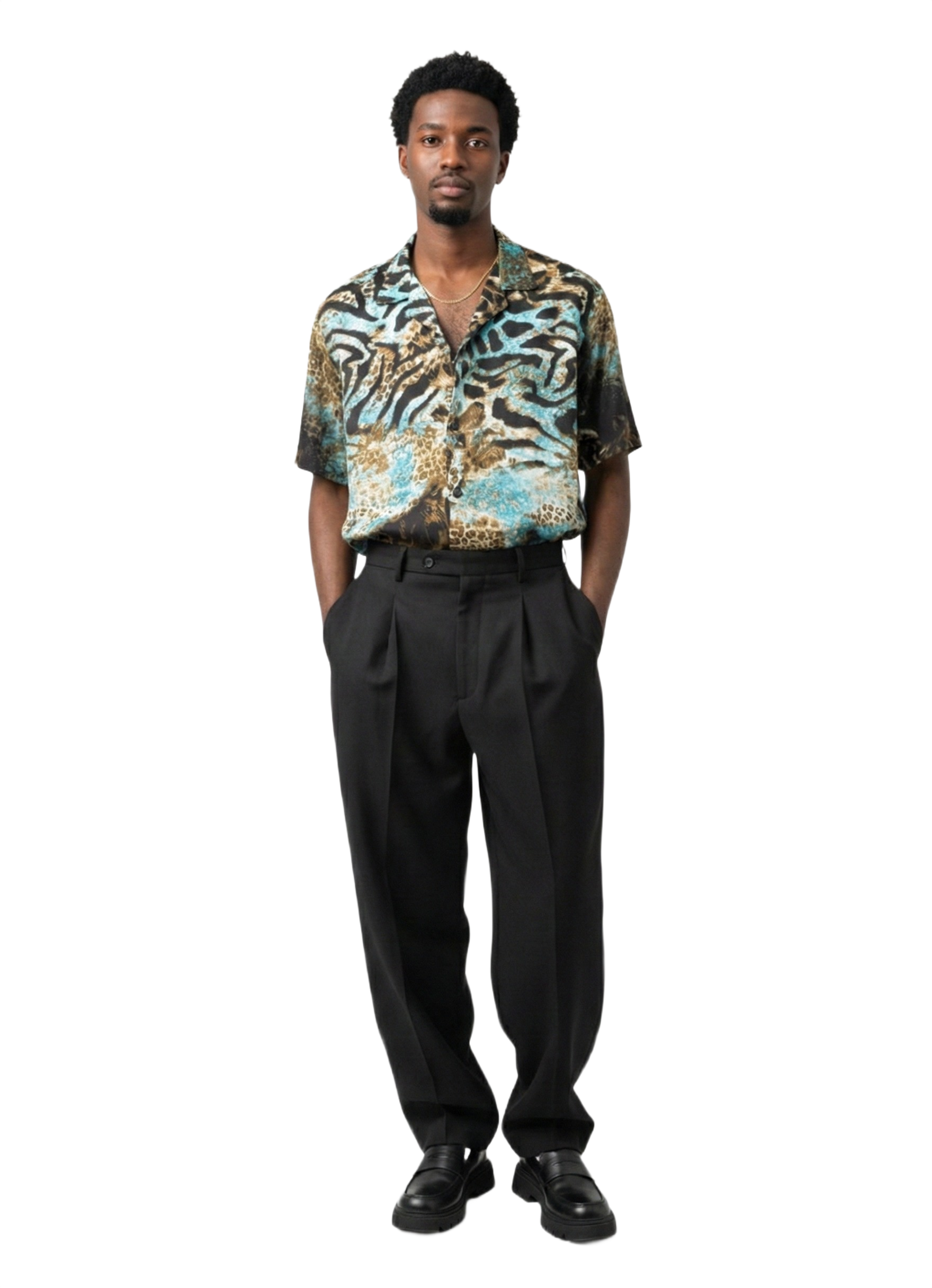 Ice Blue Tiger Print Silk Short Sleeve Smart Shirt