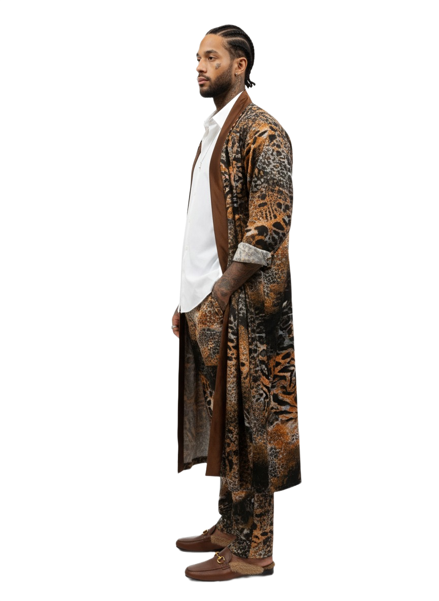 Fire Orange & Earth Brown Tiger Print Silk Overcoat Kimono Jacket