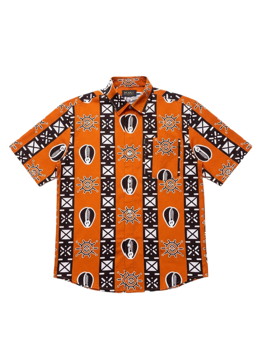 Cocoa Earth Brown & Burnt Orange Symmetrical Print Short Sleeve Shirt
