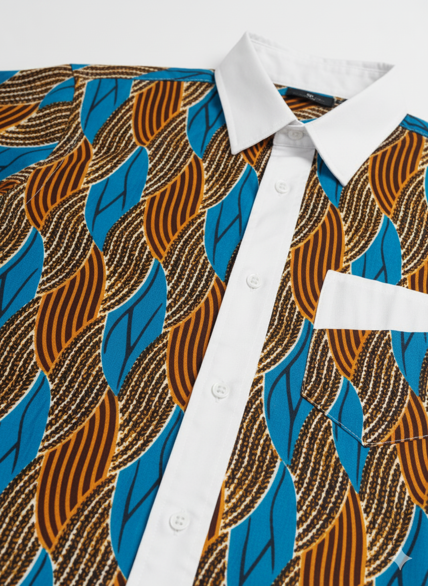 Waves Pattern White Panels, Honeycomb & Teal Ankara Long Sleeved Shirt