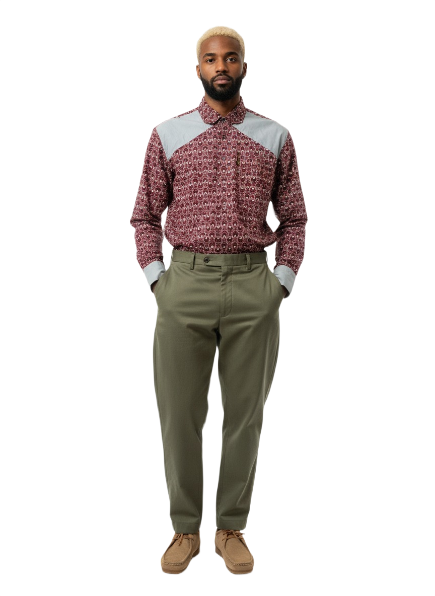 Pale Grey Panel & Burgundy Dotted Print Long Sleeved Shirt