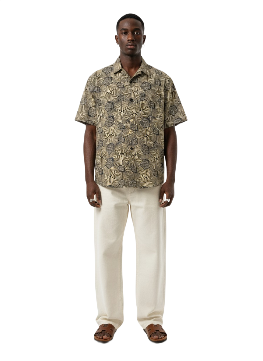 Pentagonal Stone Grey & Navy Ankara Print Short Sleeve Shirt