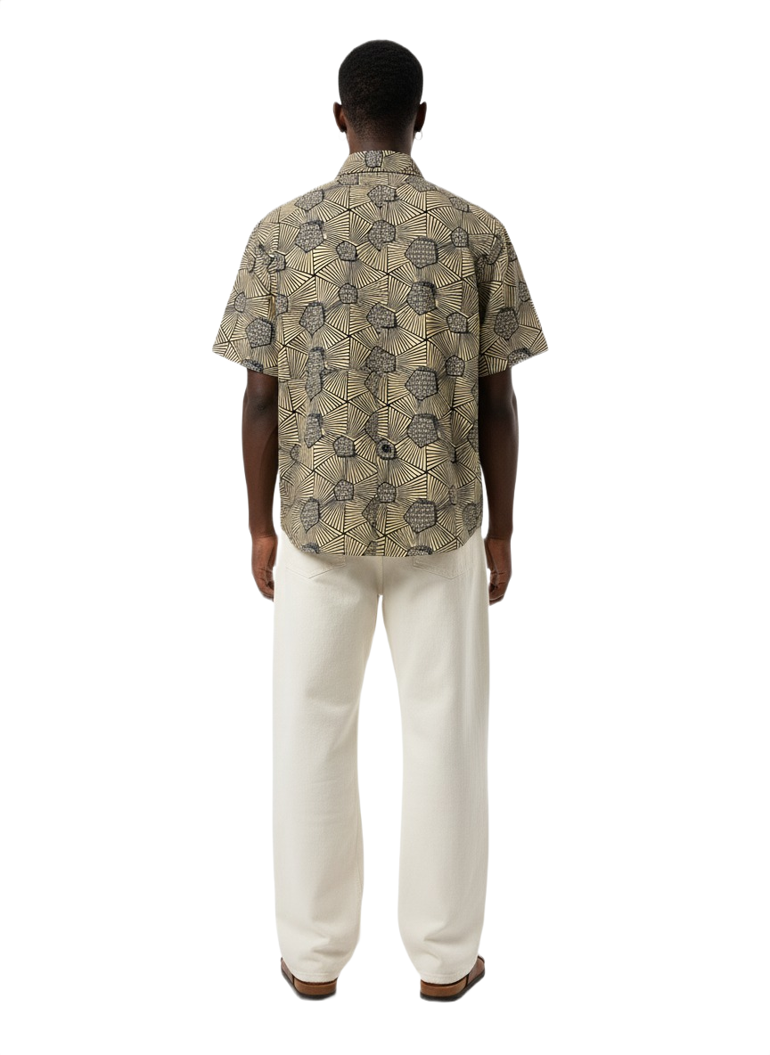 Pentagonal Stone Grey & Navy Ankara Print Short Sleeve Shirt