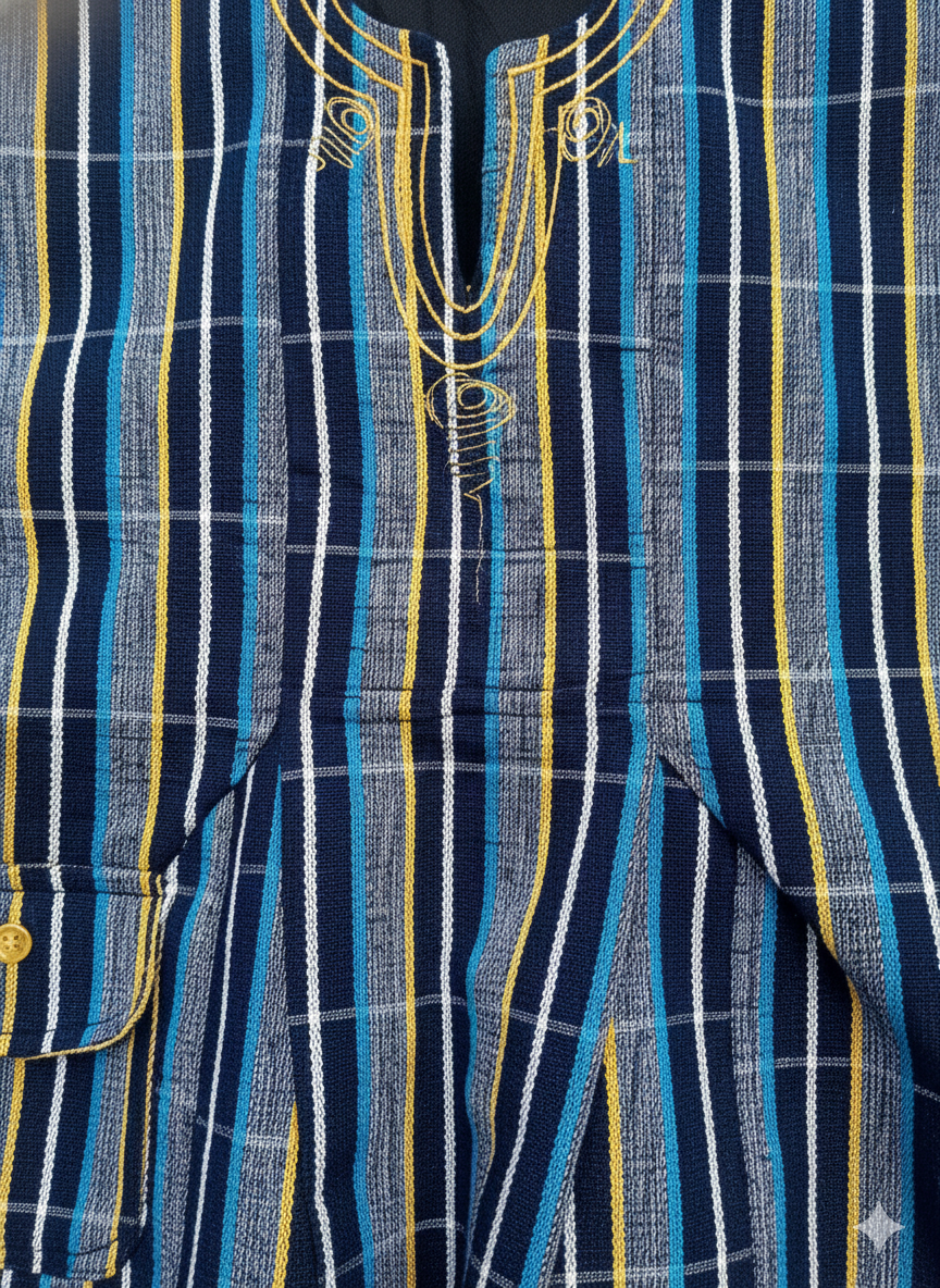 Denim Blue, Navy & Gold Striped Handwoven Batakari Fugu Smock