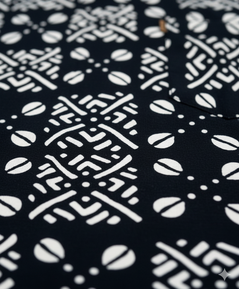 Asase Black & White Ankara Design Wax Short Sleeve Shirt