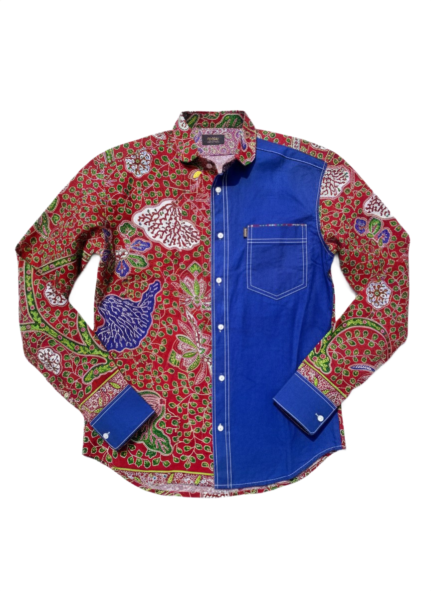 Chemise contrastante marron et bleue avec poche avant et double couture blanche