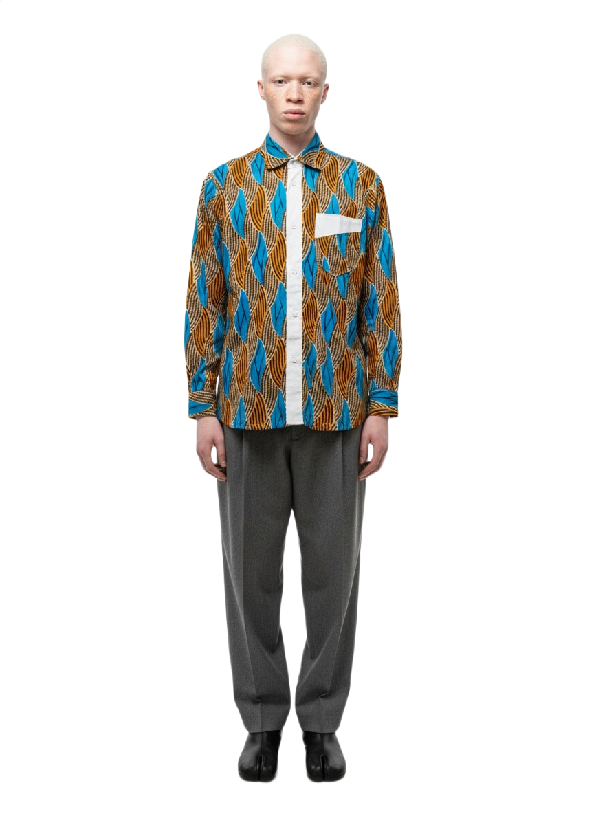 Waves Pattern White Panels, Honeycomb & Teal Ankara Long Sleeved Shirt