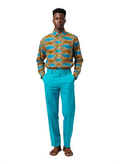 Waves Pattern Honeycomb & Teal Ankara Long Sleeved Shirt