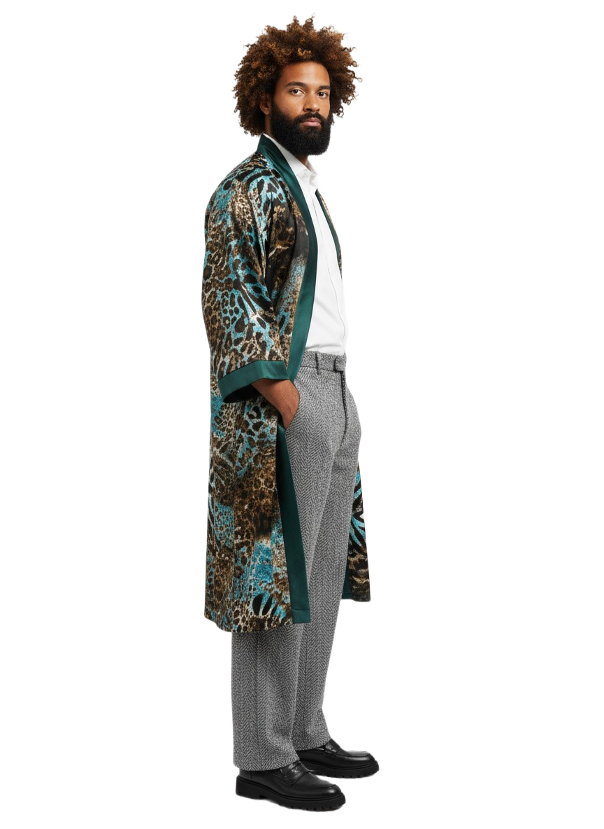 Ice Blue & Emerald Green Tiger Print Silk Kimono Jacket