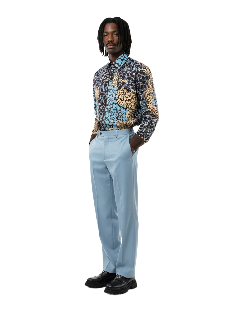 Botanical Wildroot Aqua Blue & Brown Lining Design Ankara Shirt