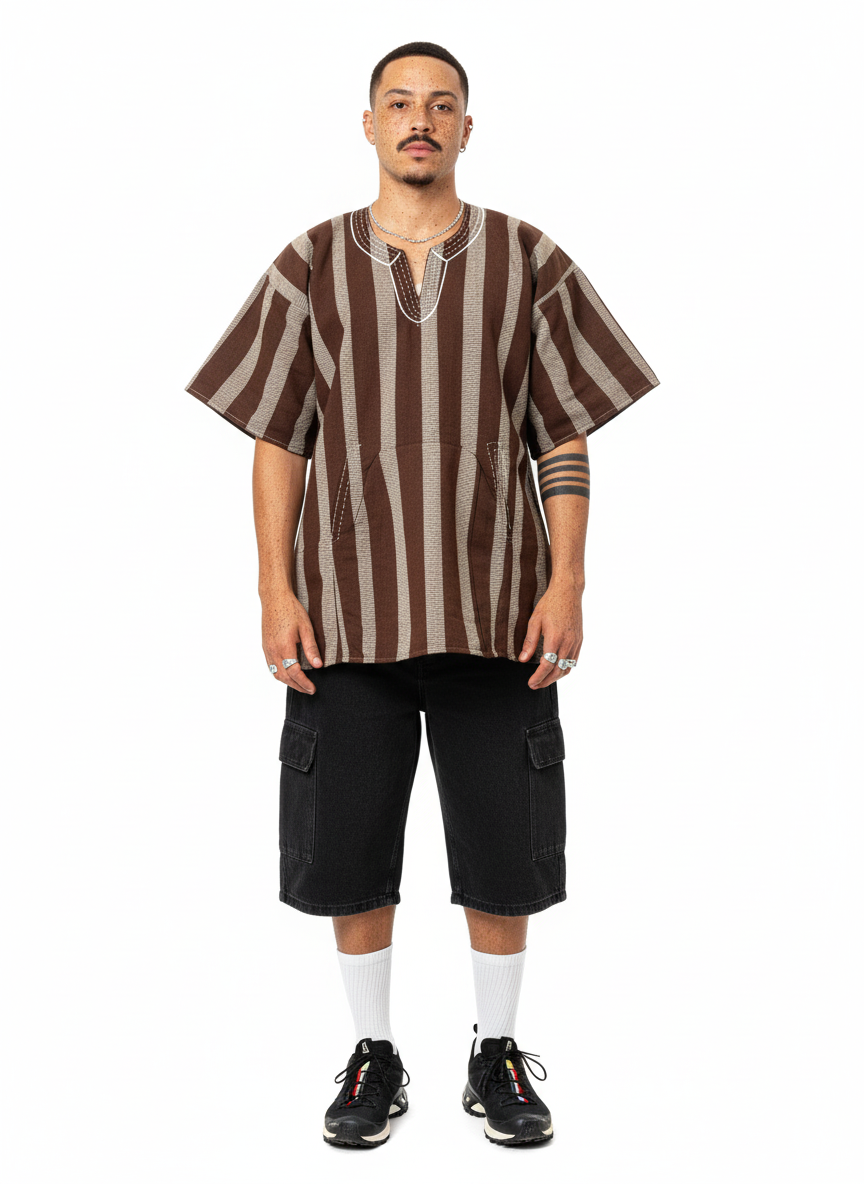 Coffee Brown & White Striped Handwoven Batakari Fugu