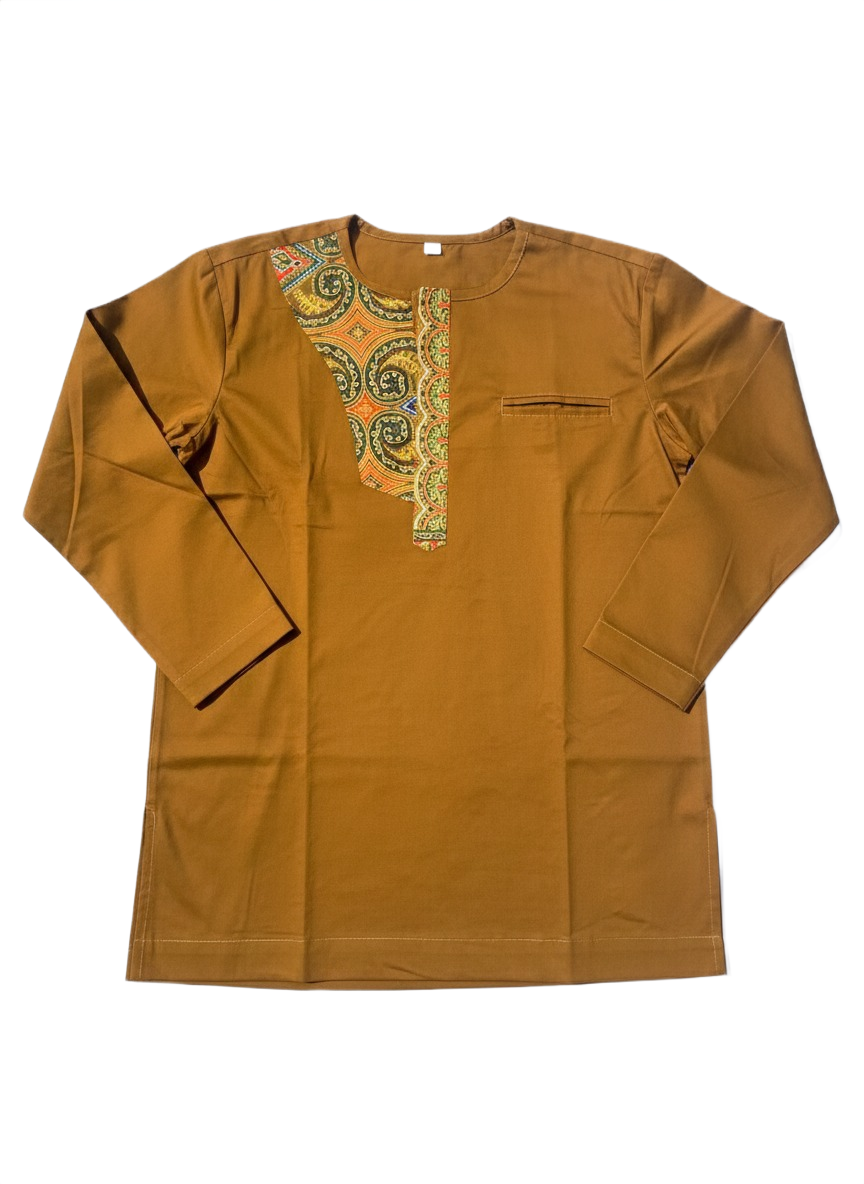 Caramel Osahene Regency Ankara Long-Sleeved Button Crew Neck Top
