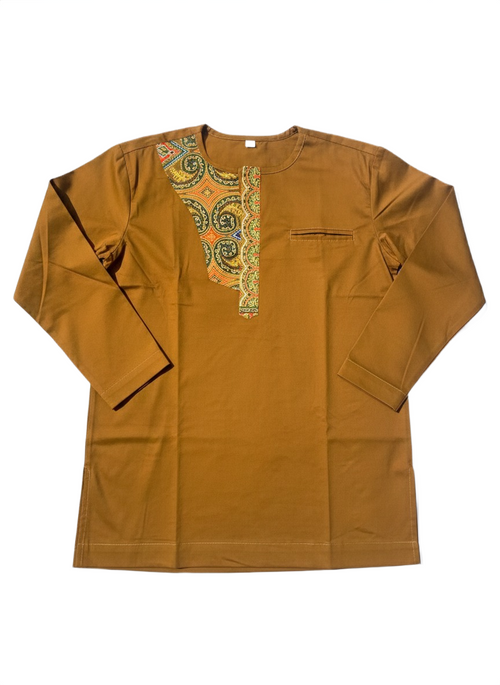 Caramel Osahene Regency Ankara Long-Sleeved Button Crew Neck Top