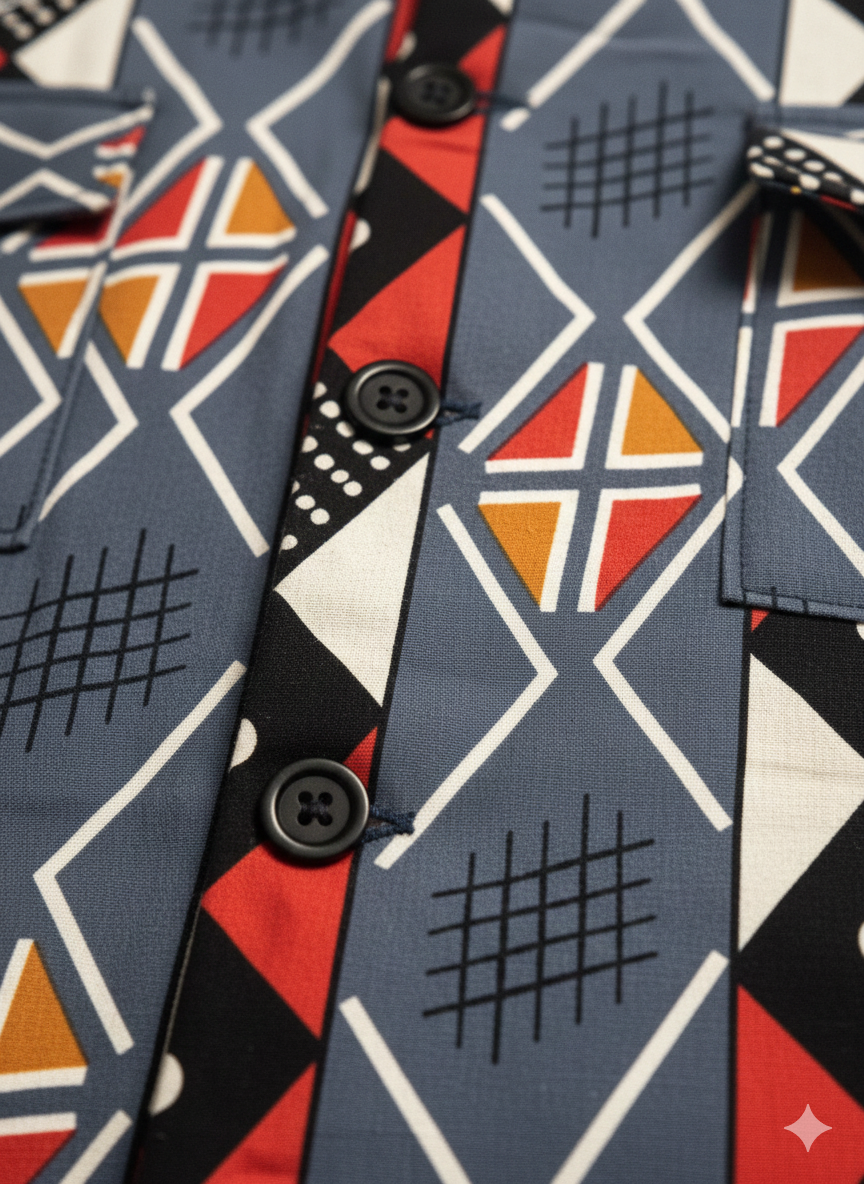 Blue & Red Norse Design Cotton Ankara Wax Print Padded Jacket