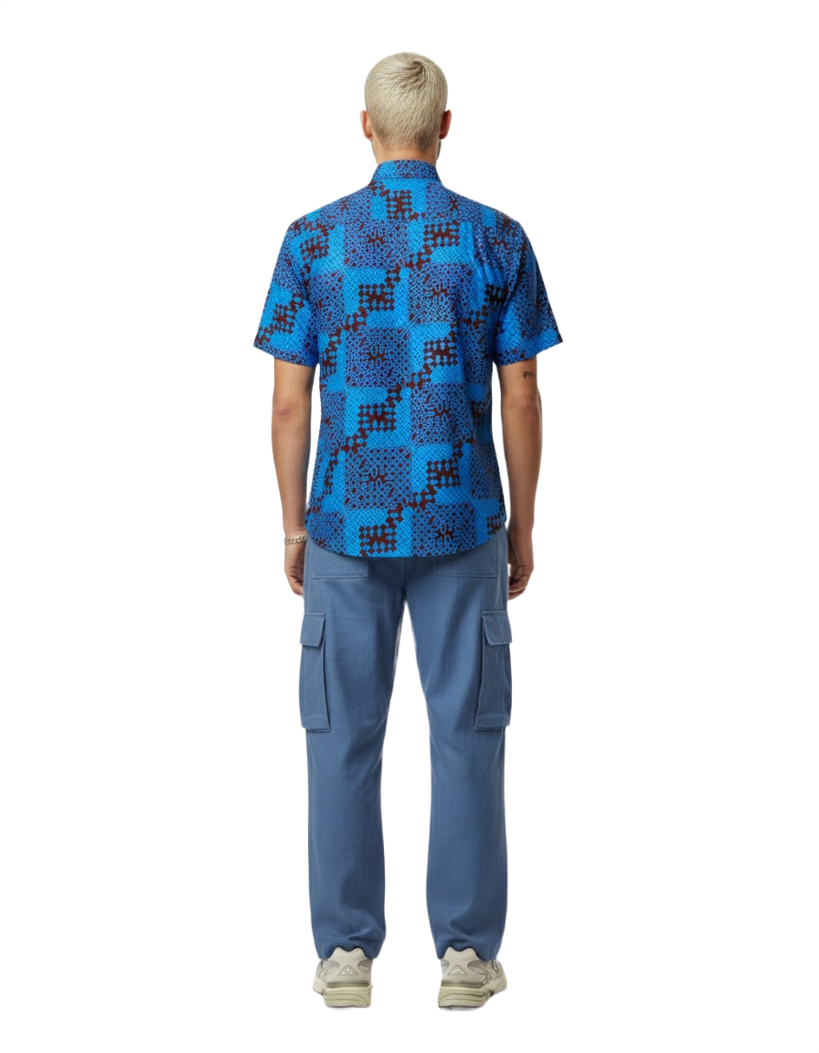 Sankofa Blue & Burgundy Ankara Wax Print Short Sleeve Shirt
