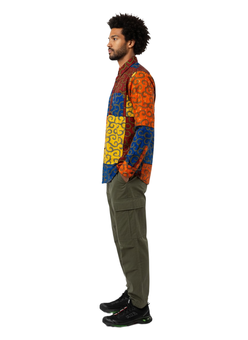 Pocketed Multi Patchwork Ankara Print Long Sleeve Shirt