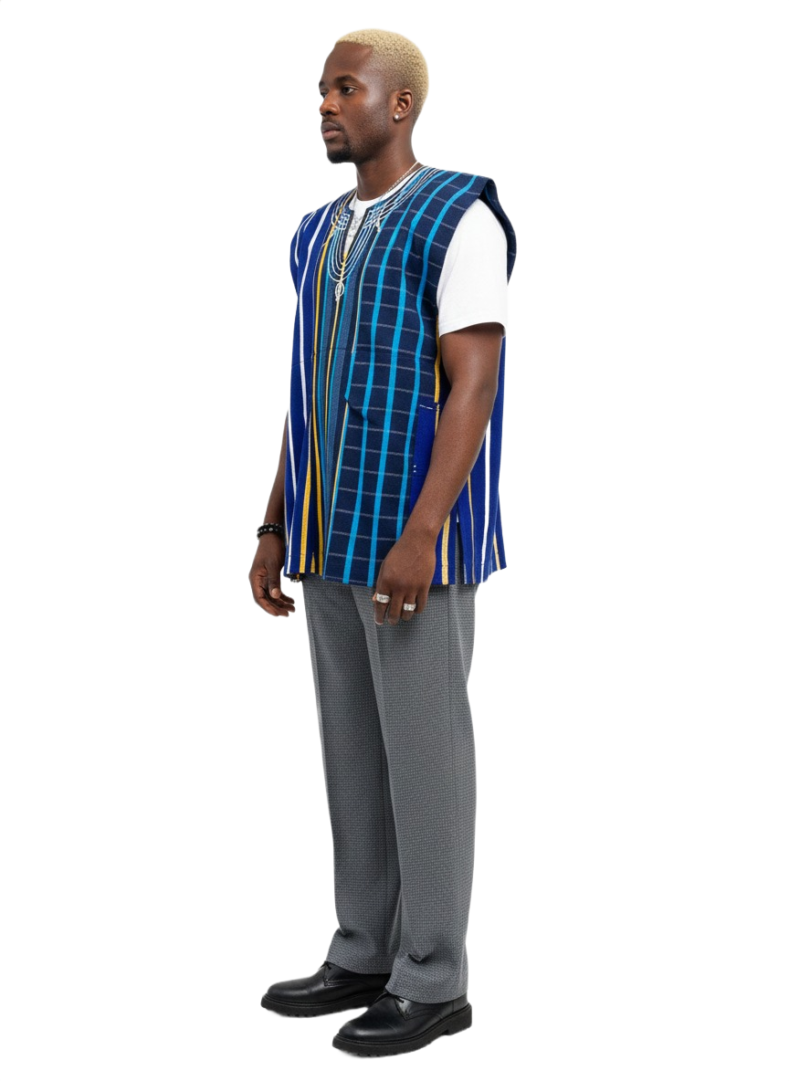 Multi Blue Striped Patchwork Handwoven Batakari Fugu