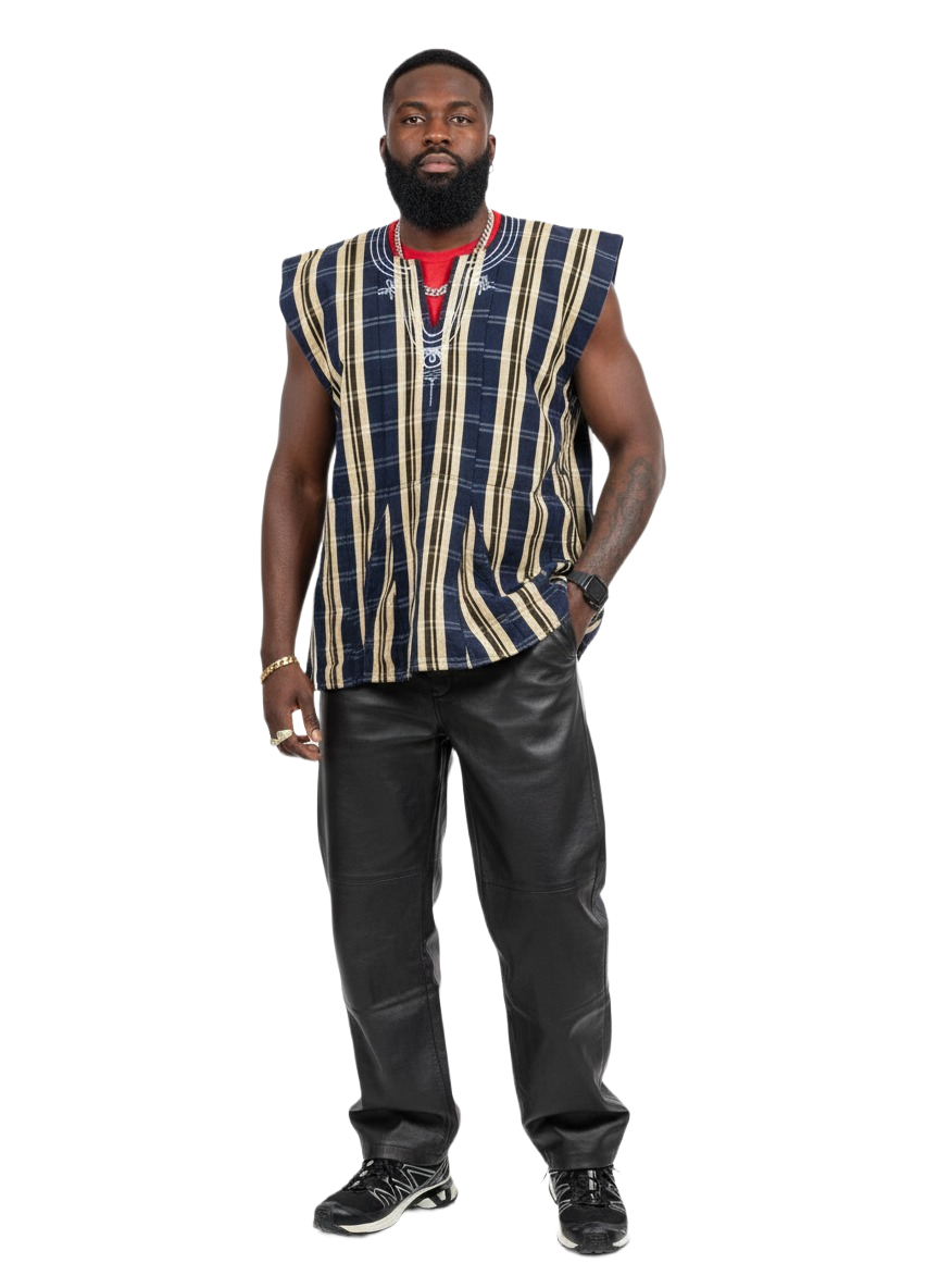 Pale Yellow & Navy Handwoven Batakari Fugu