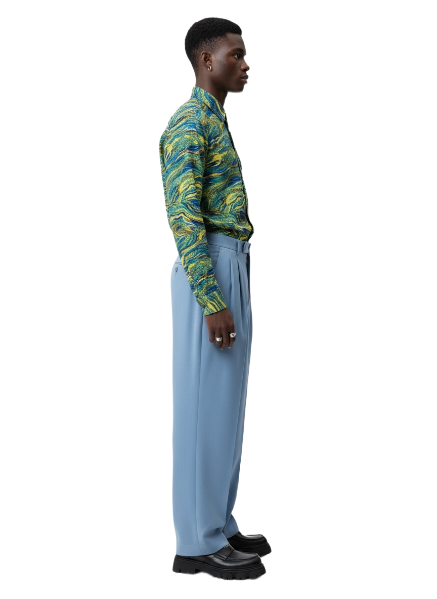 Whimsical Green Pastel Blue Buttoned Swirl Ankara Long Sleeved Shirt